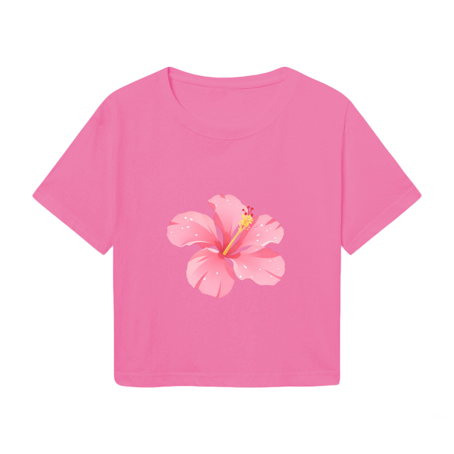 Tropical Hibiscus Flower Hot Pink Crop Top ¨C Summer Vacation Hawaiian Cute Women Tee