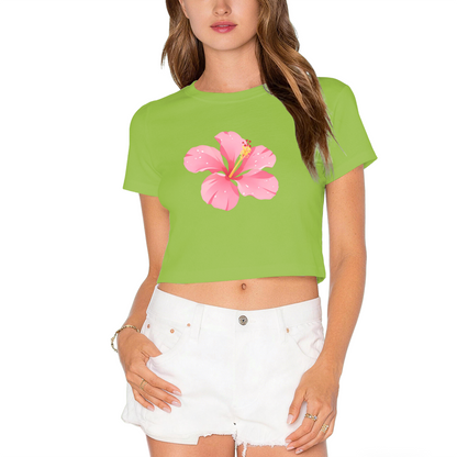 Tropical Hibiscus Flower Hot Pink Crop Top ¨C Summer Vacation Hawaiian Cute Women Tee