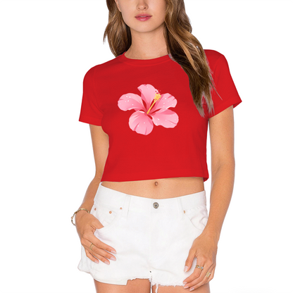 Tropical Hibiscus Flower Hot Pink Crop Top ¨C Summer Vacation Hawaiian Cute Women Tee