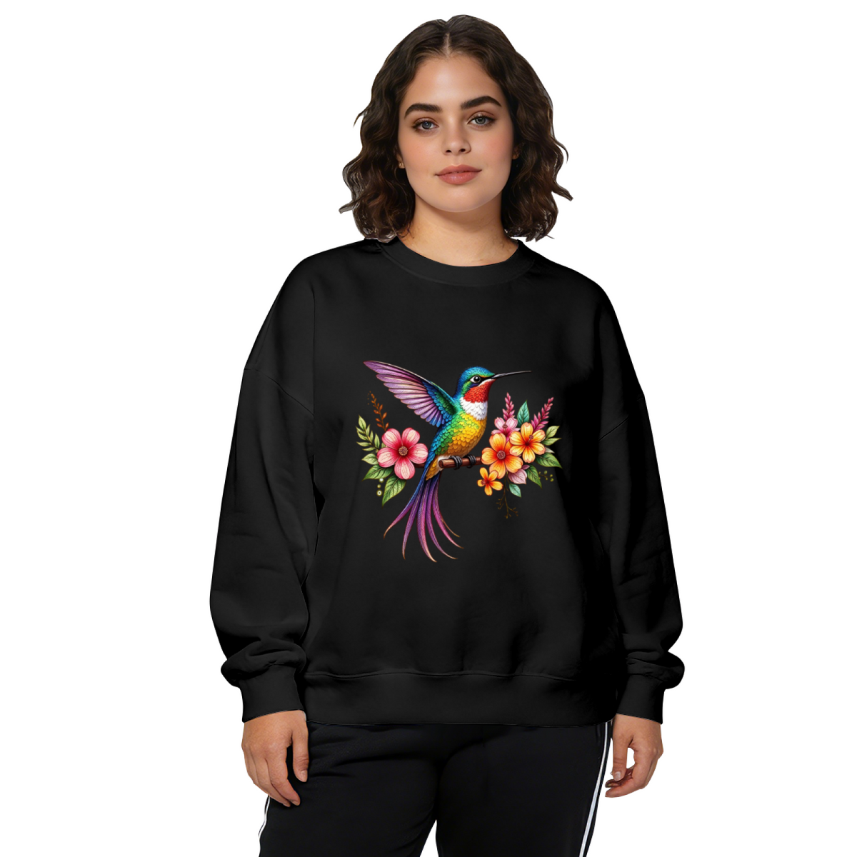 Colorful Hummingbird & Tropical Blooms Art Crewneck Sweatshirt