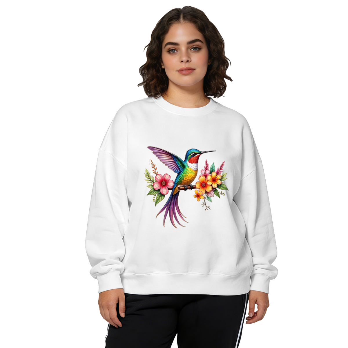 Colorful Hummingbird & Tropical Blooms Art Crewneck Sweatshirt