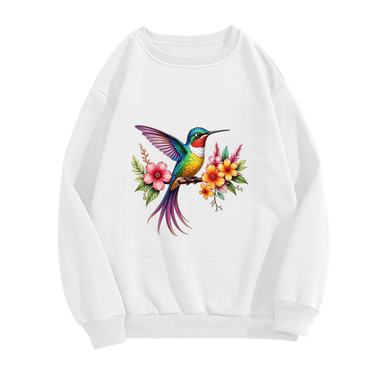 Colorful Hummingbird & Tropical Blooms Art Crewneck Sweatshirt
