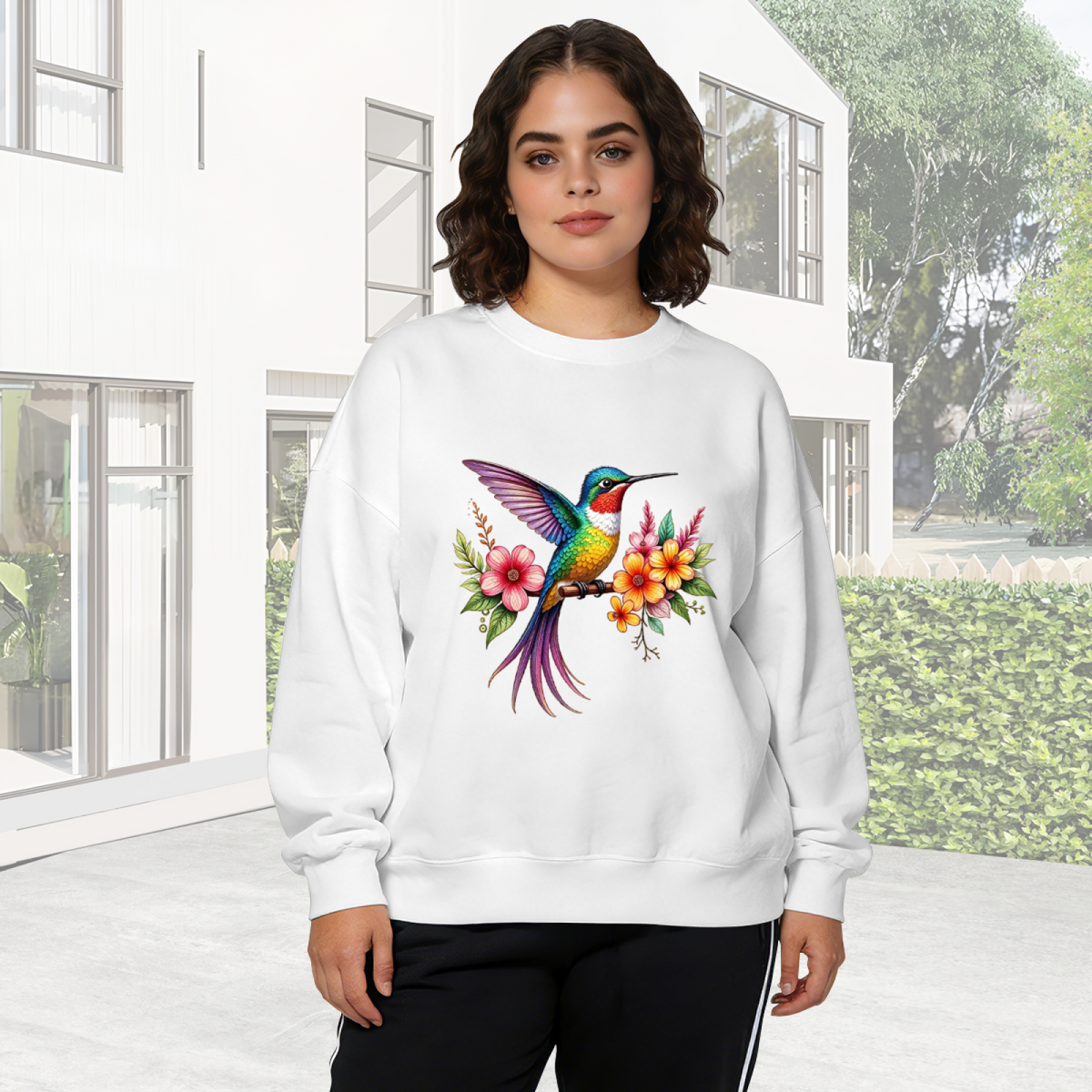 Colorful Hummingbird & Tropical Blooms Art Crewneck Sweatshirt