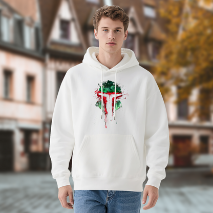 Splash Mandalorian Helmet White Hoodie, Unisex Star Fan Soft Cozy Hoodie