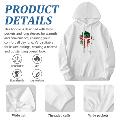 Splash Mandalorian Helmet White Hoodie, Unisex Star Fan Soft Cozy Hoodie