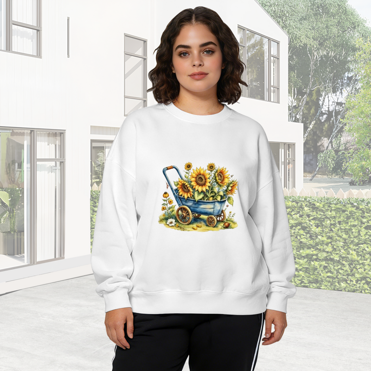 Vintage Wagon Full Of Sunny Sunflowers Cottagecore Crewneck Sweatshirt