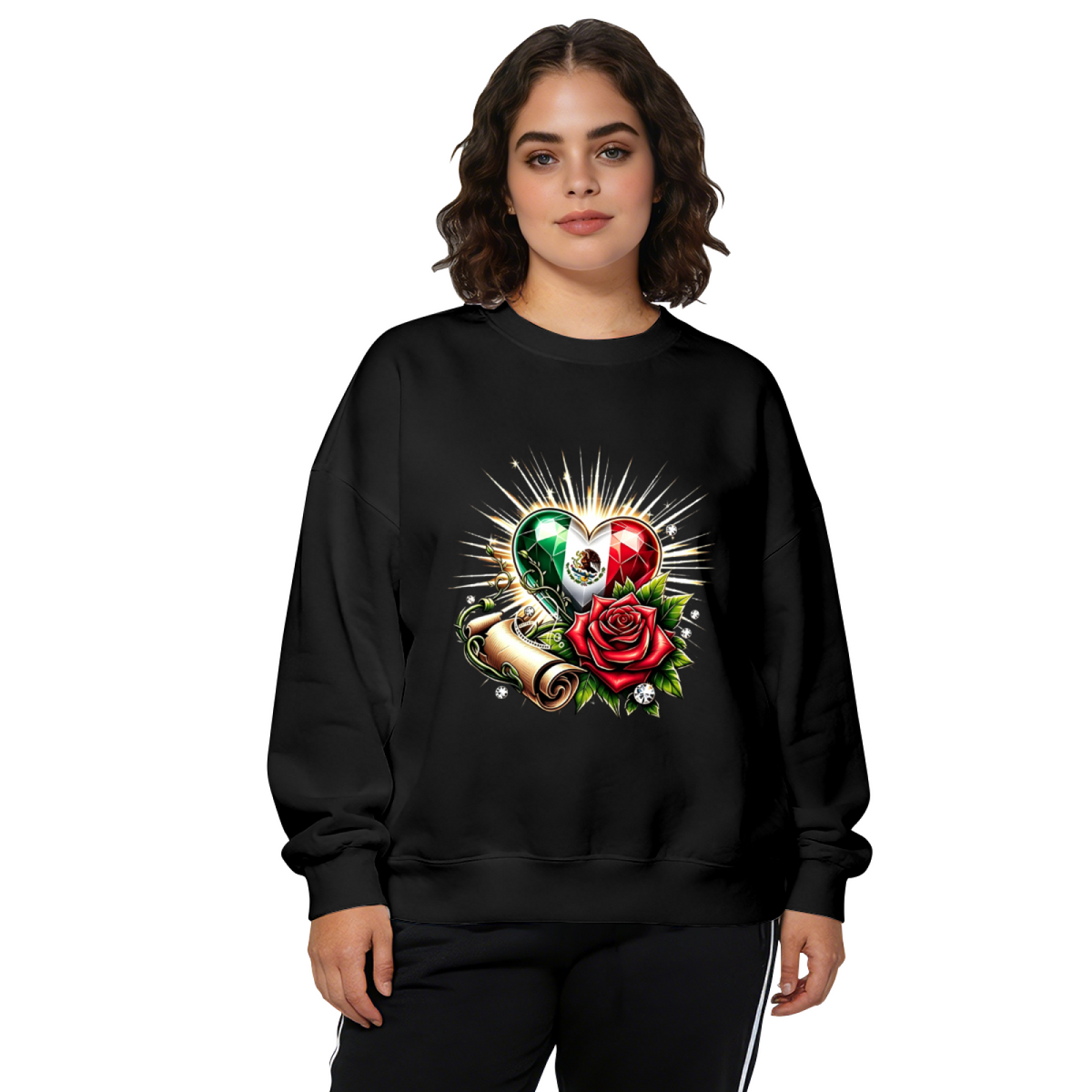 Mexico Flag Heart Rose Graphic Crewneck Sweatshirt