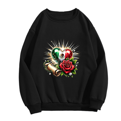 Mexico Flag Heart Rose Graphic Crewneck Sweatshirt