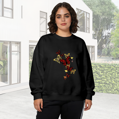 Bold Red?Gold Leopard?Pattern Butterfly Crewneck Sweatshirt
