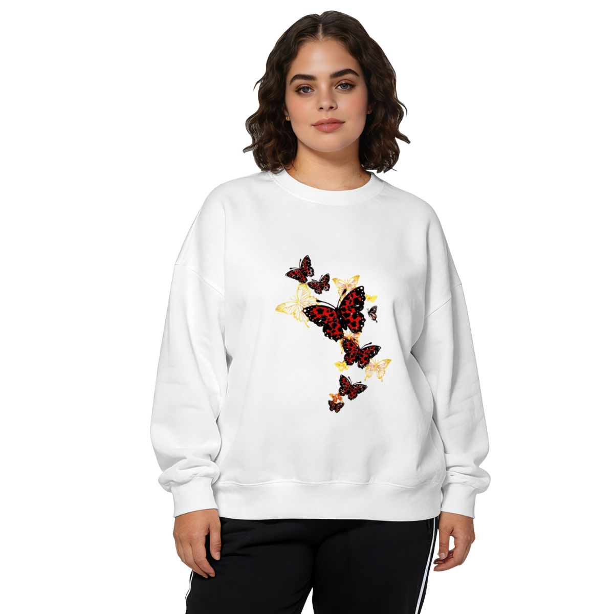 Bold Red?Gold Leopard?Pattern Butterfly Crewneck Sweatshirt