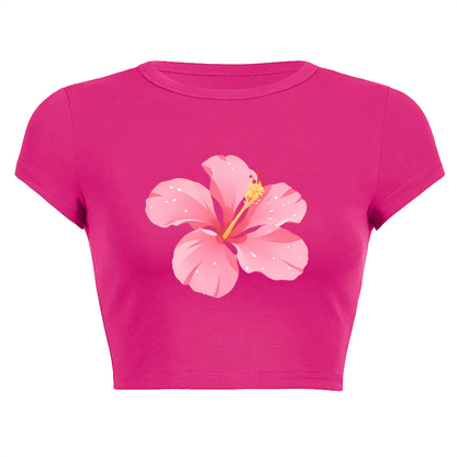 Tropical Pink Hibiscus Flower Hot Pink Crop Tee ¨C Vacation Beach Summer Top 8.