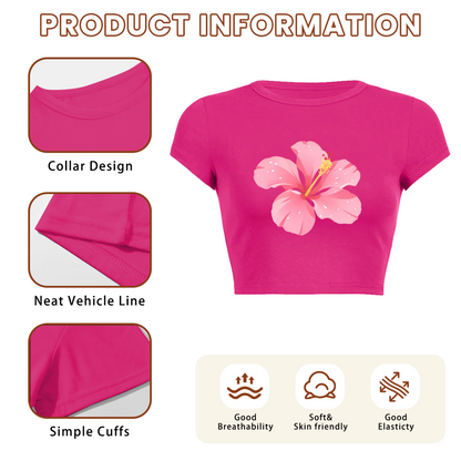 Tropical Pink Hibiscus Flower Hot Pink Crop Tee ¨C Vacation Beach Summer Top 8.
