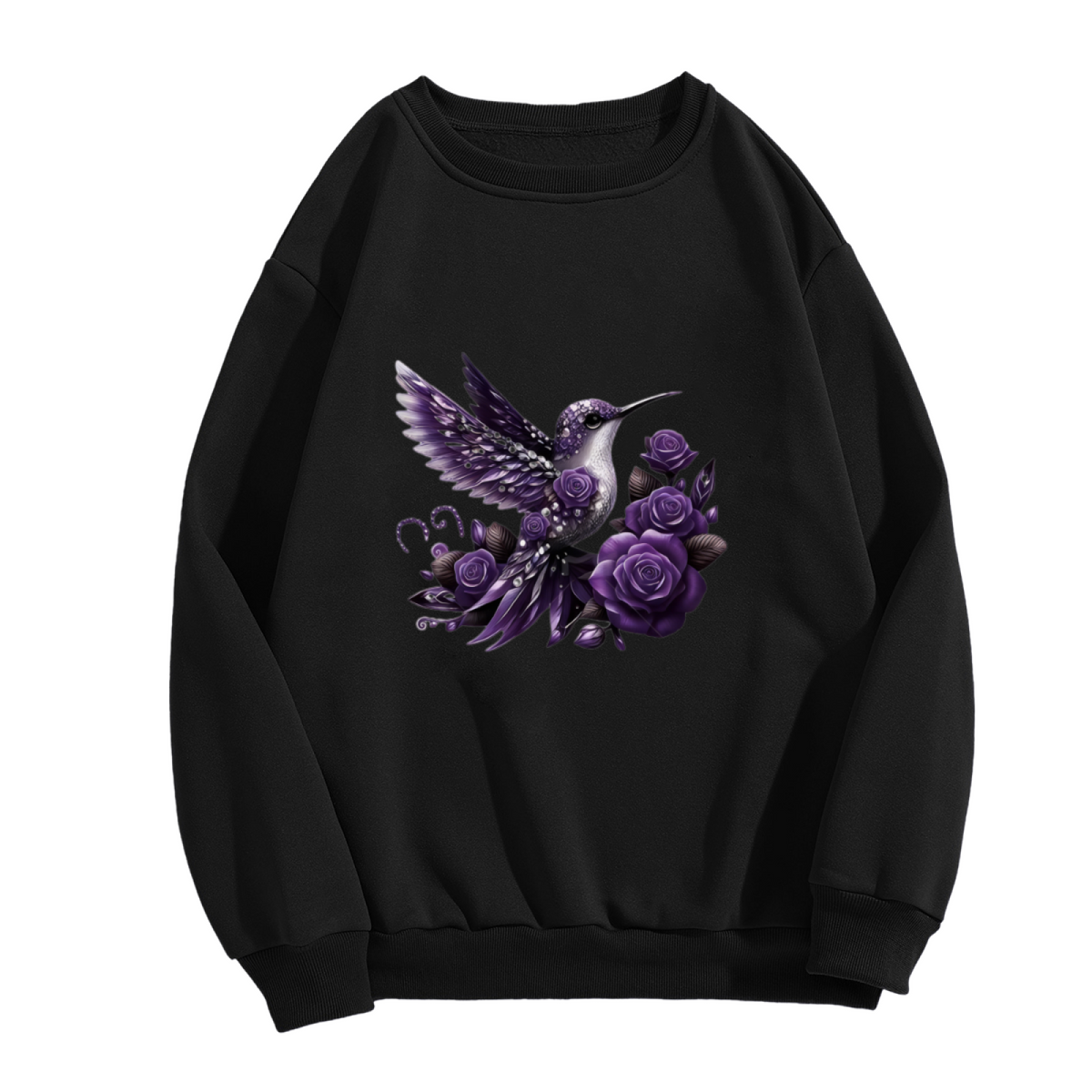 Exquisite Purple Hummingbird & Rose Art Crewneck Sweatshirt