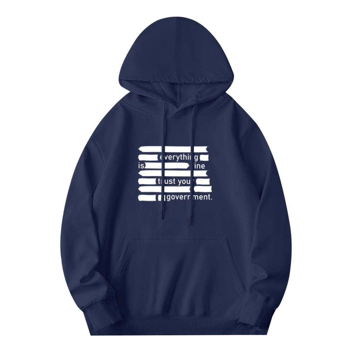 Trendy Satire Everything Is Fine Distressed Print Navy Hoodie, Cozy Relaxed Cut