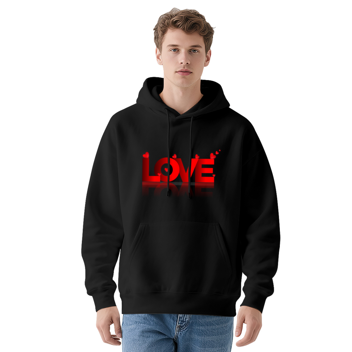Bold 3D Red LOVE Heart Graphic Black Hoodie, Unisex Cozy Daily Pullover