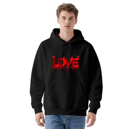 Bold 3D Red LOVE Heart Graphic Black Hoodie, Unisex Cozy Daily Pullover