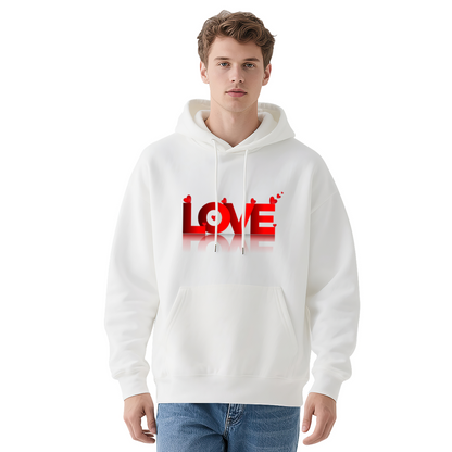Bold 3D Red LOVE Heart Graphic Black Hoodie, Unisex Cozy Daily Pullover