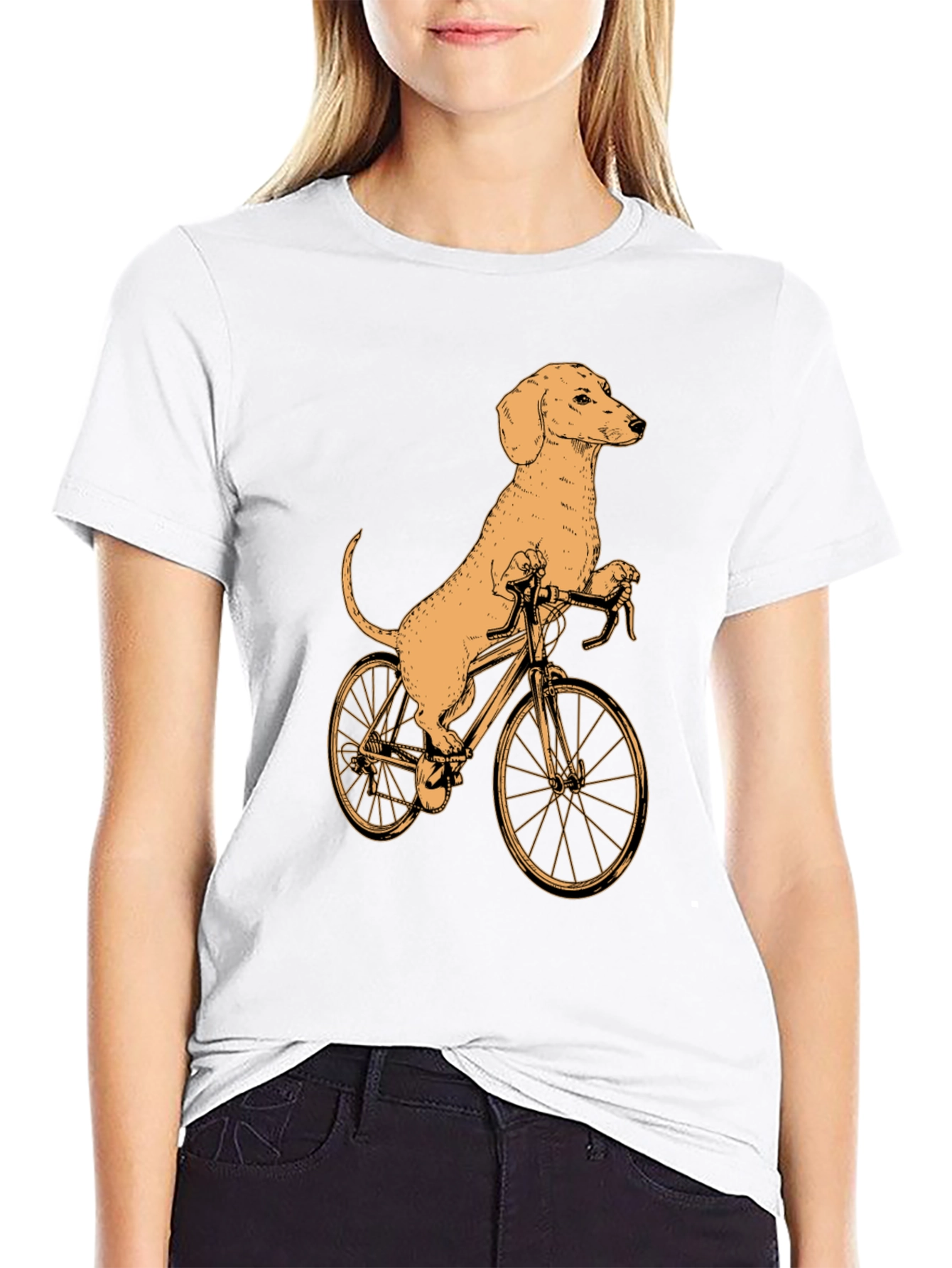 Dachshund on Bike T-Shirt - Black Cotton Tee