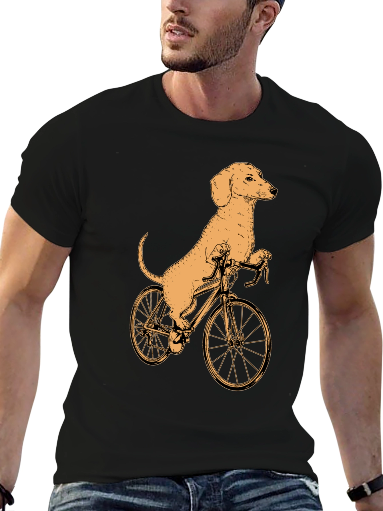 Dachshund on Bike T-Shirt - Black Cotton Tee