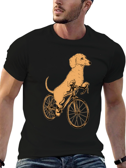 Dachshund on Bike T-Shirt - Black Cotton Tee
