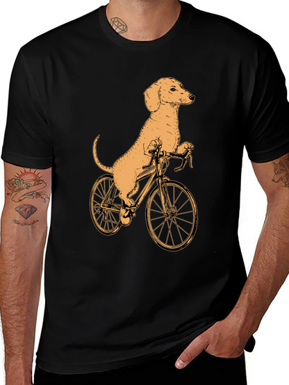 Dachshund on Bike T-Shirt - Black Cotton Tee