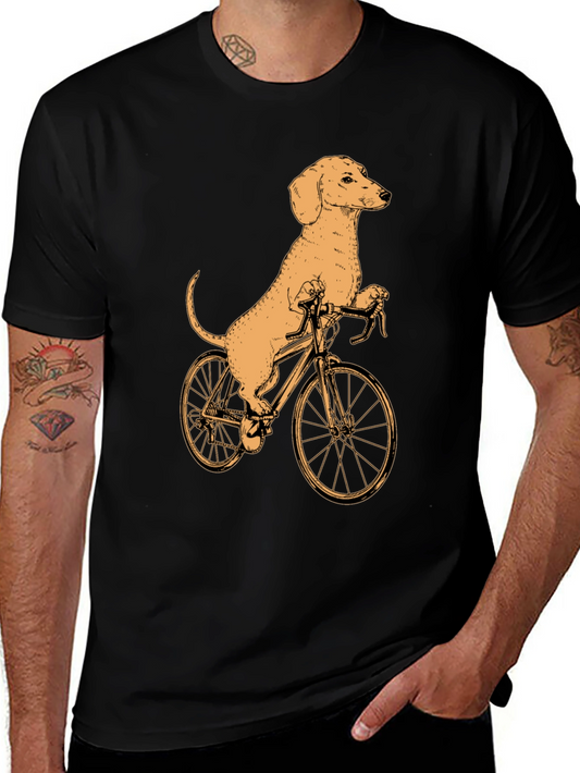 Dachshund on Bike T-Shirt - Black Cotton Tee