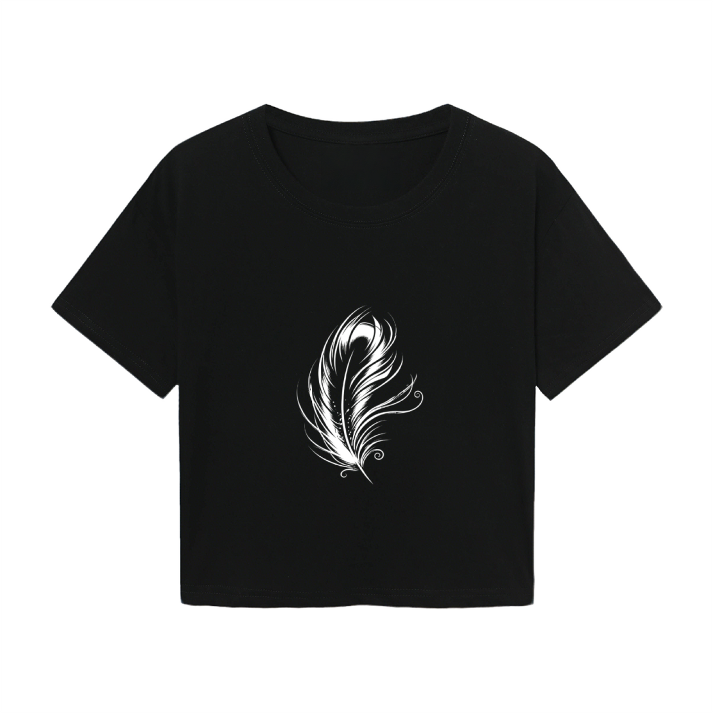 Chic Black Cropped Top Centered With Elegant White Art Feather Print