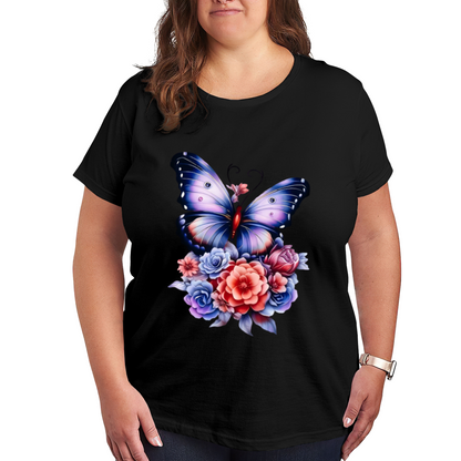 Dreamy Purple Floral Big Butterfly Black Tee