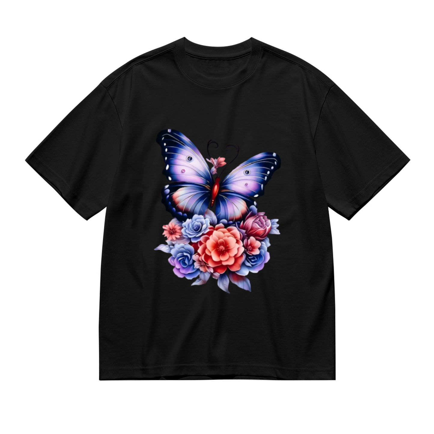 Dreamy Purple Floral Big Butterfly Black Tee