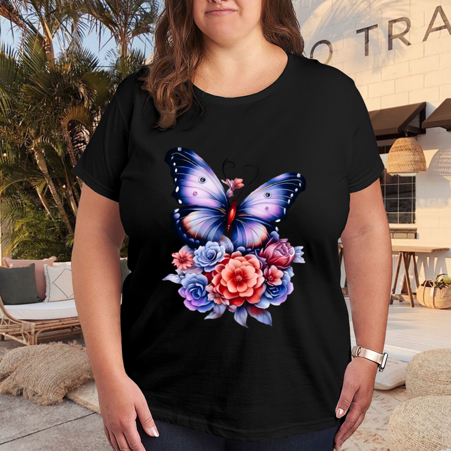 Dreamy Purple Floral Big Butterfly Black Tee