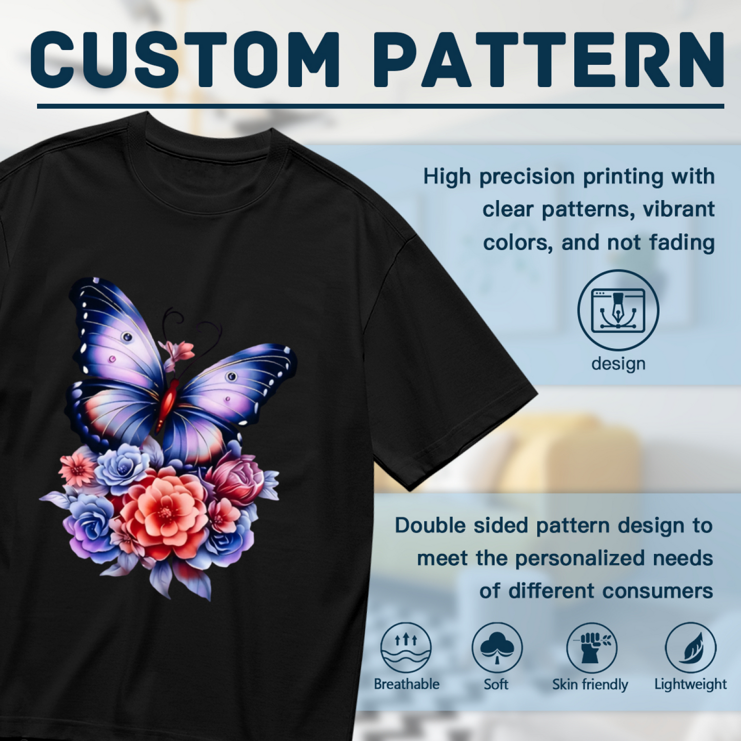 Dreamy Purple Floral Big Butterfly Black Tee