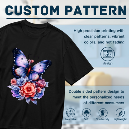 Dreamy Purple Floral Big Butterfly Black Tee