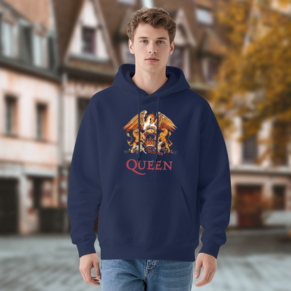 Queen Band Classic Crest Graphic Hoodie, Rock Fan Cozy Navy Pullover