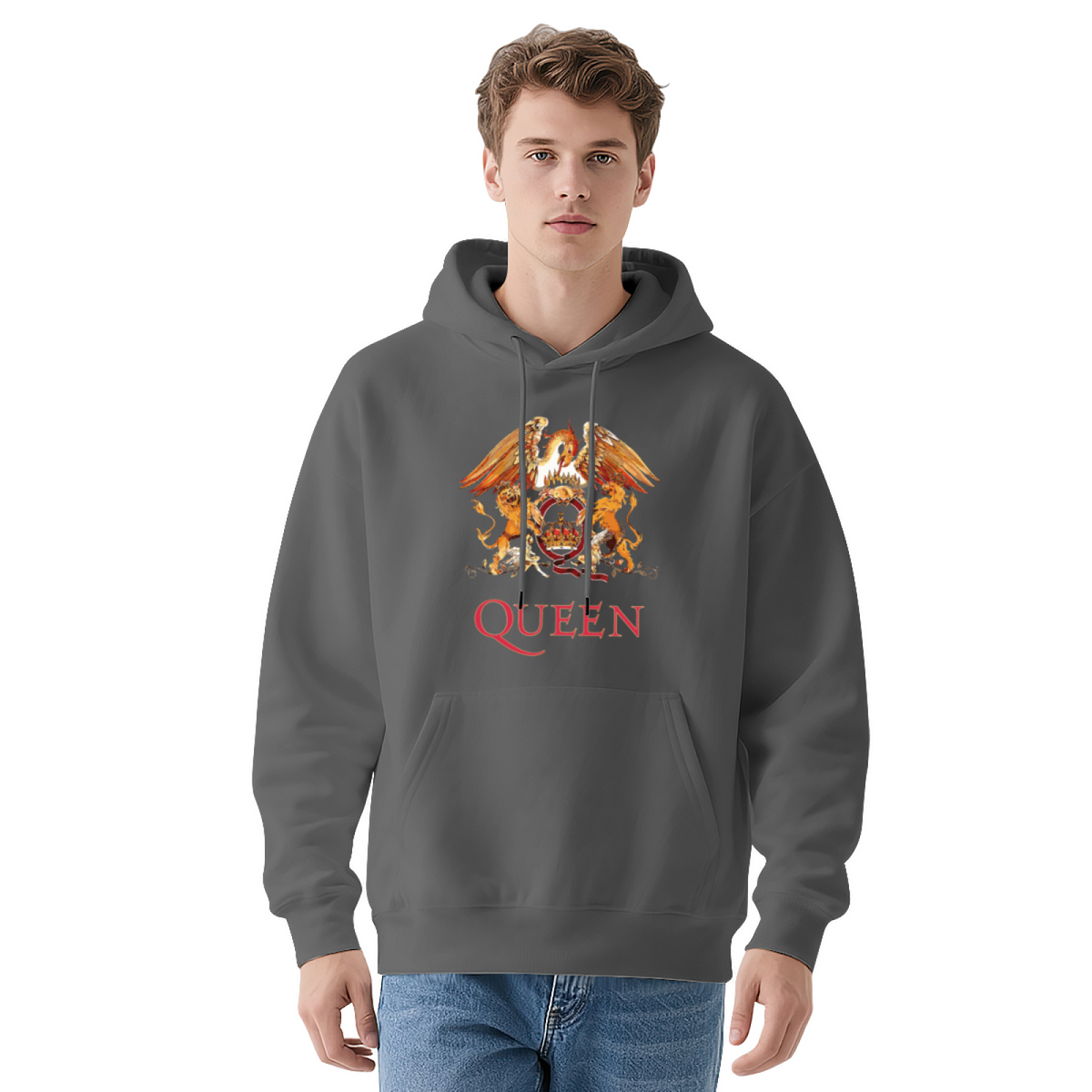 Queen Band Classic Crest Graphic Hoodie, Rock Fan Cozy Navy Pullover