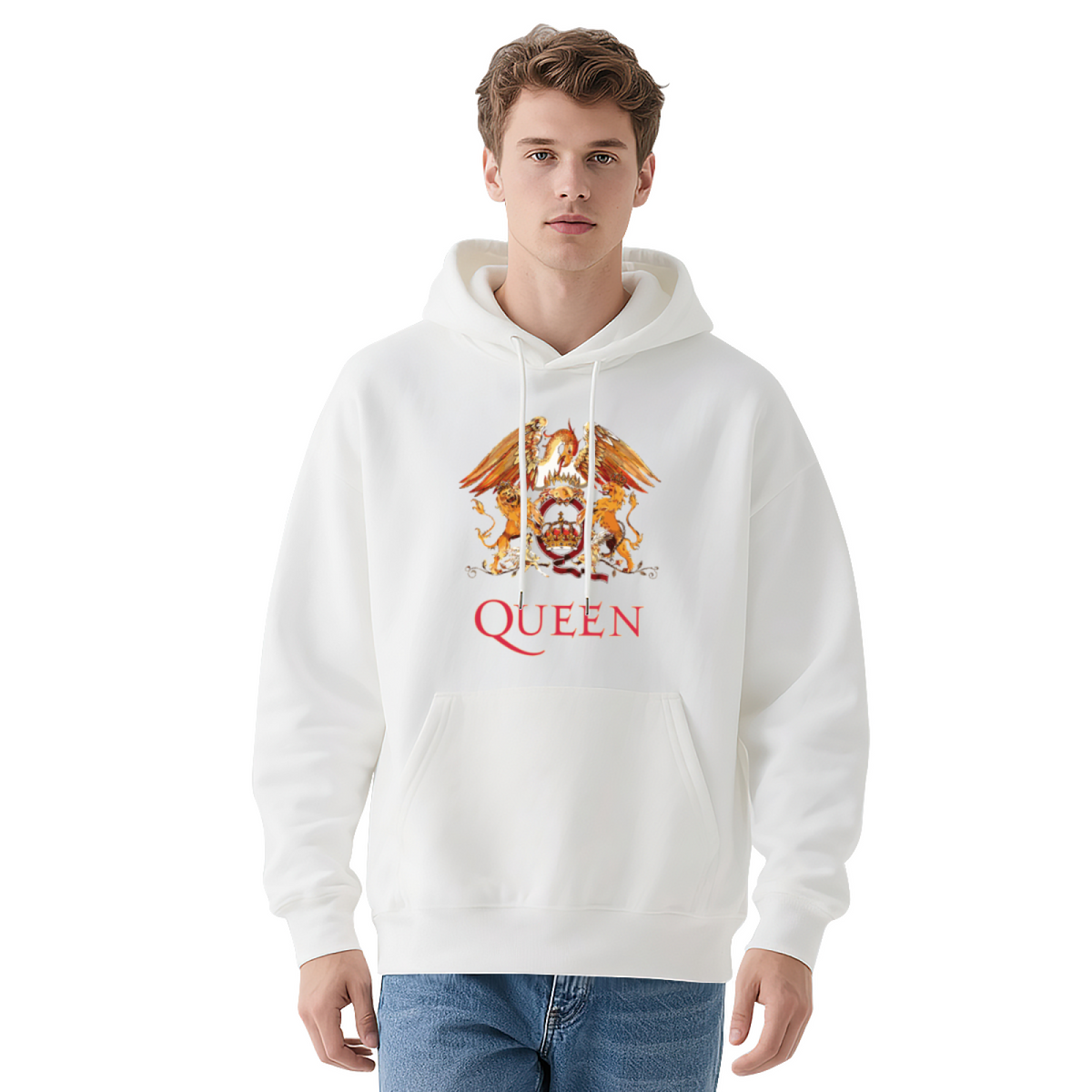 Queen Band Classic Crest Graphic Hoodie, Rock Fan Cozy Navy Pullover