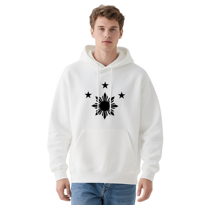 Philippine Sun Three Stars Graphic White Hoodie, Men Casual Soft Comfort Pullover