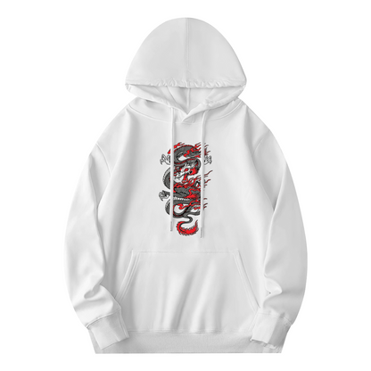 Vintage Red?Black Chinese Dragon Graphic White Hoodie