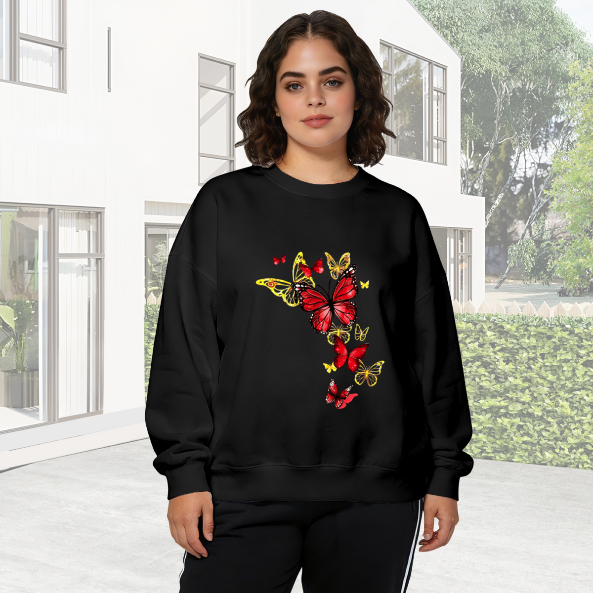 Striking Red?Golden Mixed Butterflies Art Crewneck Sweatshirt