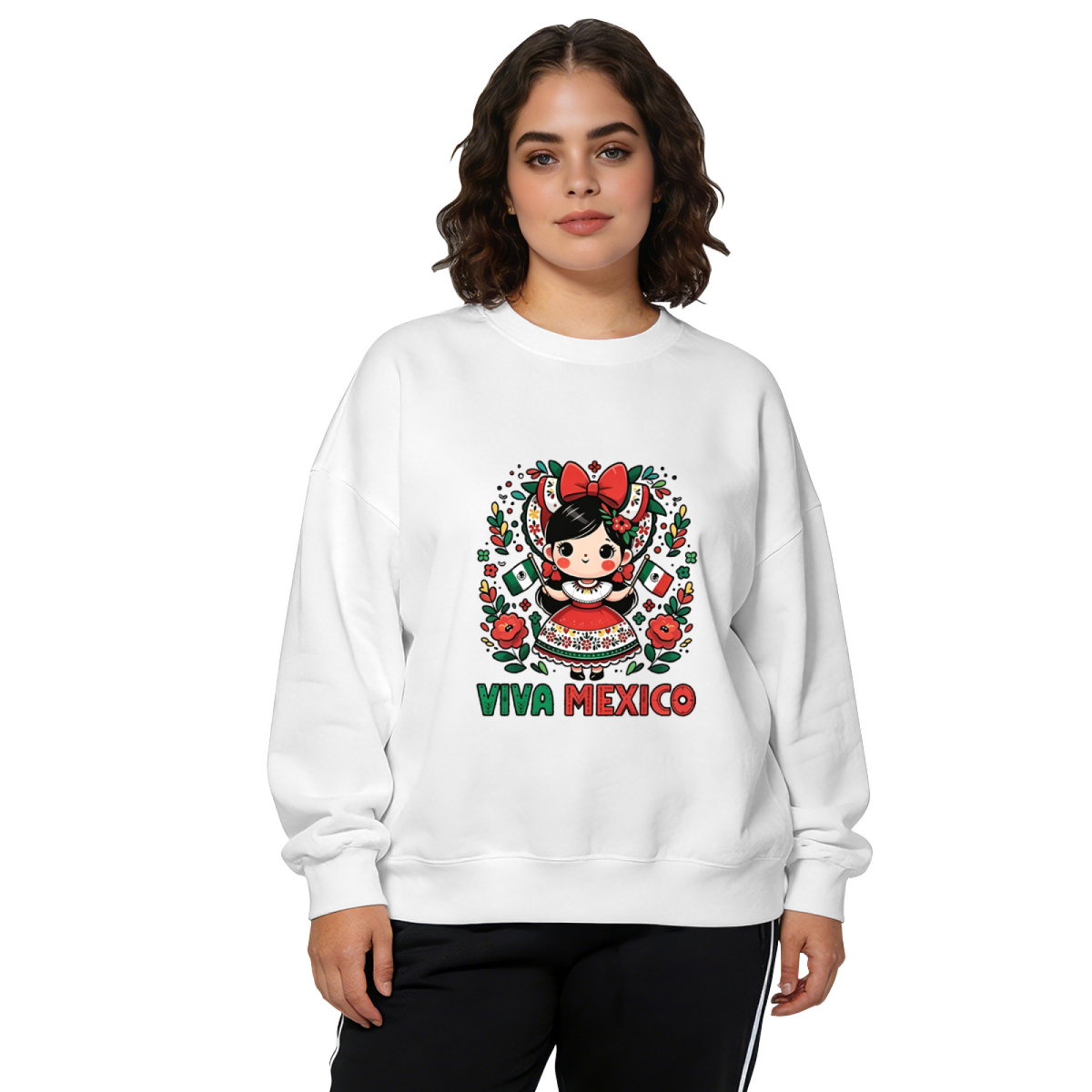Viva Mexico Cute Traditional Mexican Girl Graphic Crewneck Sweatshirt