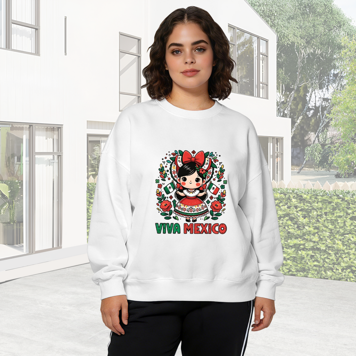 Viva Mexico Cute Traditional Mexican Girl Graphic Crewneck Sweatshirt