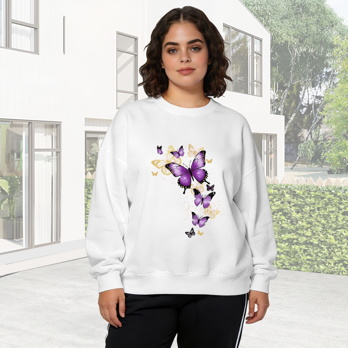 Dreamy Blue Butterfly & Flower Art Crewneck Sweatshirt