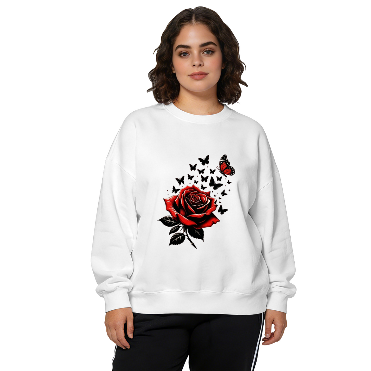 Striking Red Rose And Black Butterflies Art Crewneck Sweatshirt