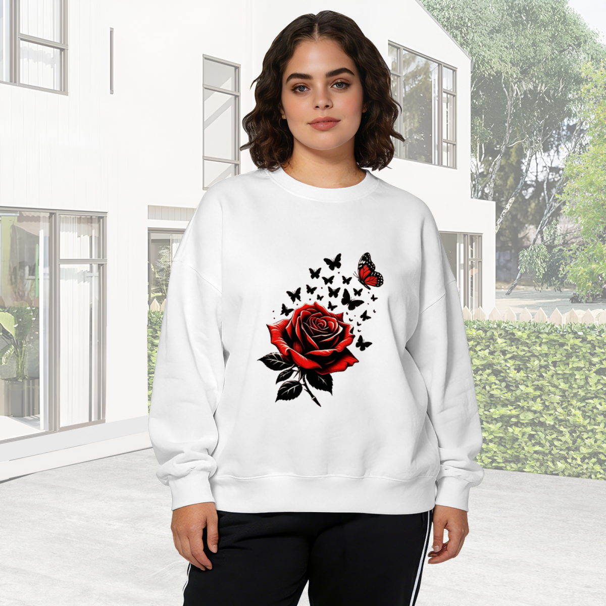 Striking Red Rose And Black Butterflies Art Crewneck Sweatshirt