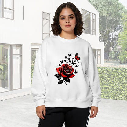 Striking Red Rose And Black Butterflies Art Crewneck Sweatshirt