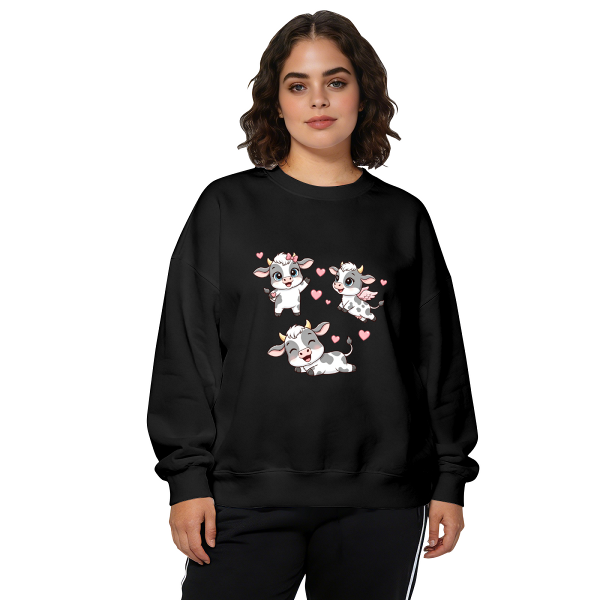 Adorable Cartoon Baby Cows With Pink Hearts Crewneck Sweatshirt