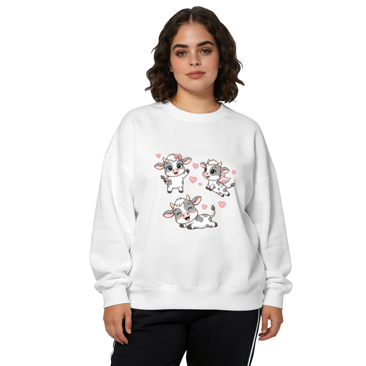 Adorable Cartoon Baby Cows With Pink Hearts Crewneck Sweatshirt