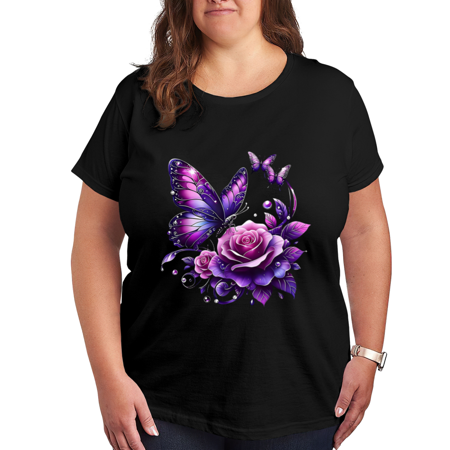 Purple Glitter Rose Butterfly Gothic Floral Tee