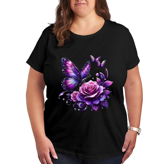 Purple Glitter Rose Butterfly Gothic Floral Tee