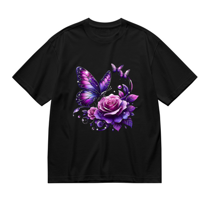 Purple Glitter Rose Butterfly Gothic Floral Tee