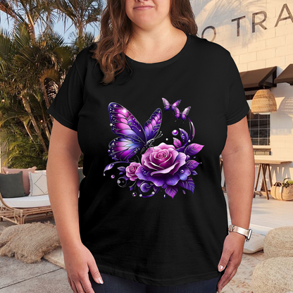 Purple Glitter Rose Butterfly Gothic Floral Tee